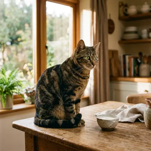 Adorable Tabby Cat on Kitchen Table | Green Eyes