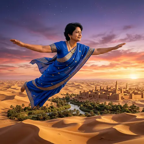 Sheikh Hasina Soars Above a Golden Dawn Landscape