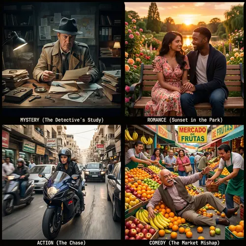 Film Genres Collage: Mystery, Romance, Action, Comedy