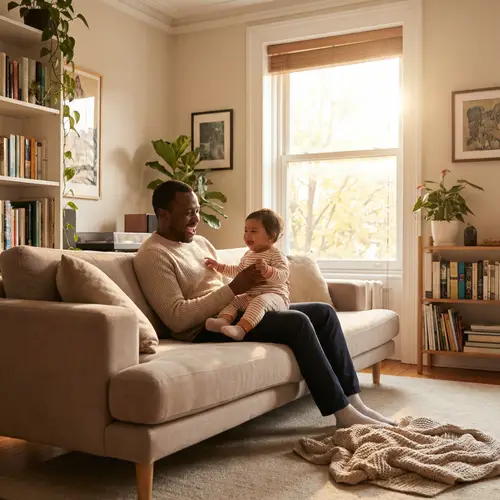 Happy South Asian Baby and Black Father in Cozy Family Home