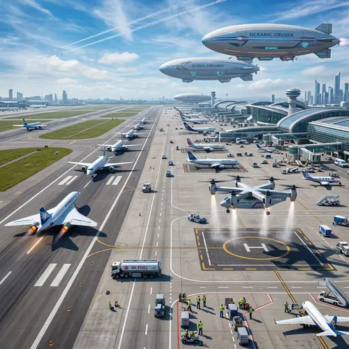 Futuristic Aircraft at Busy Airport Tarmac