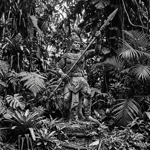 Ancient Warrior Statue Amid Tropical Foliage