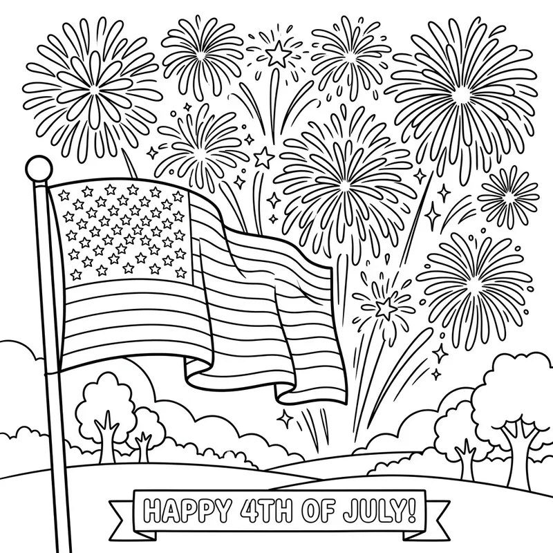 Coloring Page: American Flag & Fireworks for Kids Coloring Page: American Flag & Fireworks for Kids