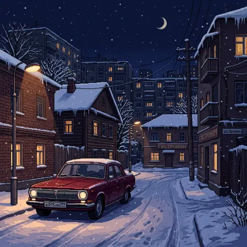 Vintage Cherry Red Volga 3102 Car in a Snowy Russian Town