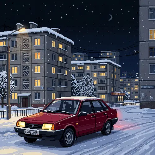 Cherry Red LADA 2109 in Soviet-Era Russian Town | Winter Scene