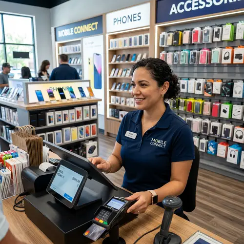 Hispanic Female Cashier at Mobile Phone Store | POS Terminal
