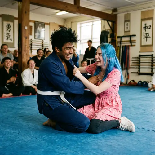 South Asian Male vs Caucasian Female: Playful Martial Arts Wrestling