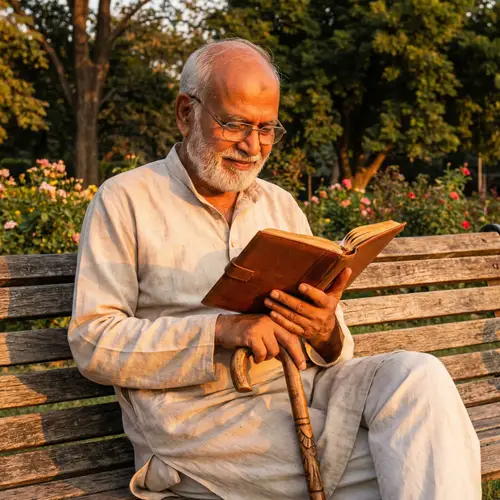 Elderly South-Asian Man Reading Book in Peaceful Park