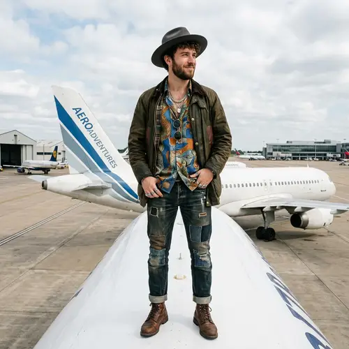 Unique Fashion Sense Man on Airplane
