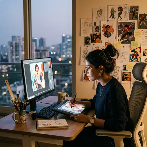South Asian Woman Working on Digital Graphic Tablet - Artistic Workspace