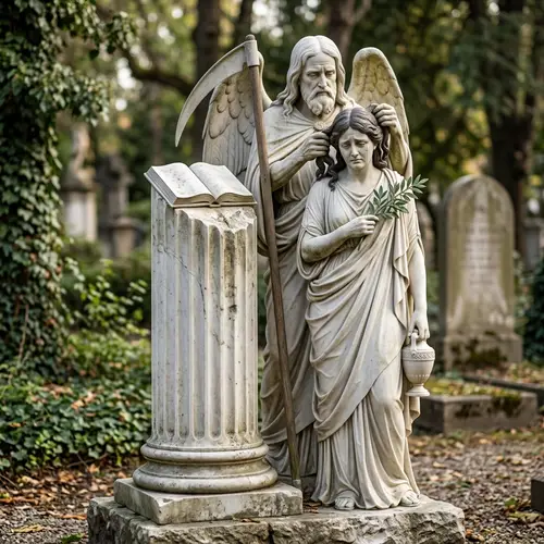 Marble Monument with Weeping Virgin and Old Man - Symbolic Scene