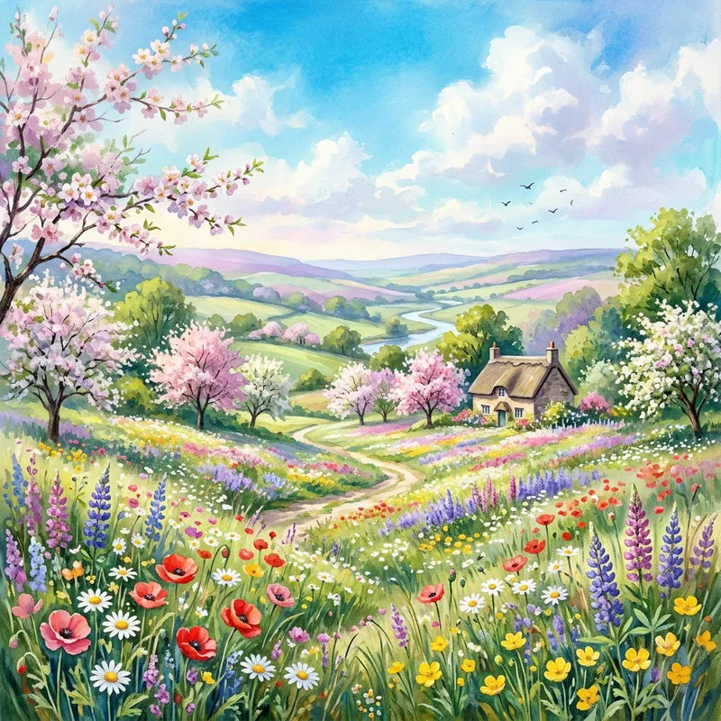 Nature-Inspired Spring Landscape | Soft Pastel Blooms & Blue Sky Nature-Inspired Spring Landscape | Soft Pastel Blooms & Blue Sky