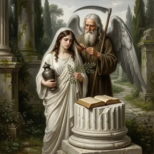 Symbolic Marble Monument with Virgin and Old Man - Masonic Imagery
