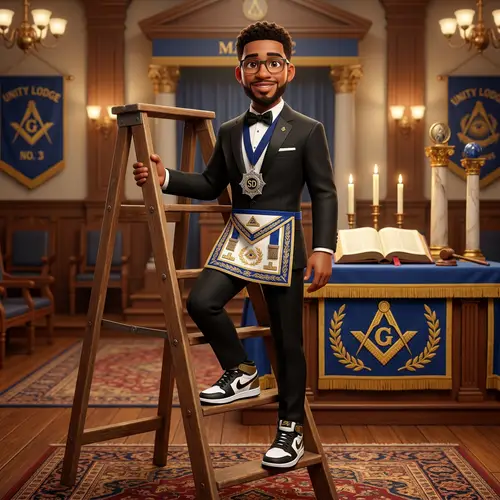 Detailed 3D Animation of Stylish Brown-Skinned Character on Ladder