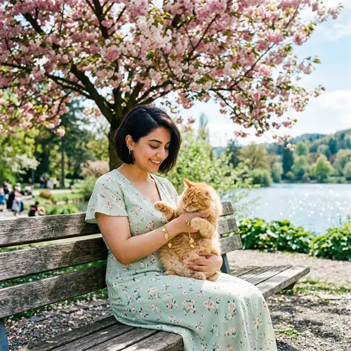 Attractive Middle-Eastern Girl with Ginger Cat in Park