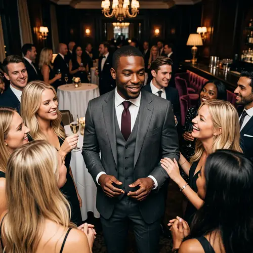 Confident Man in Suit with Admiring Women