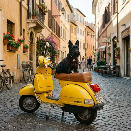 Scottish Terrier on Yellow Vespa: Fun Adventure in the City