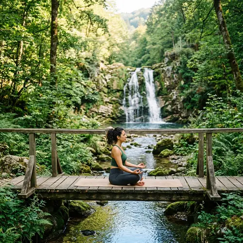 Tranquil Forest Scene with Waterfall and Yoga Practitioner