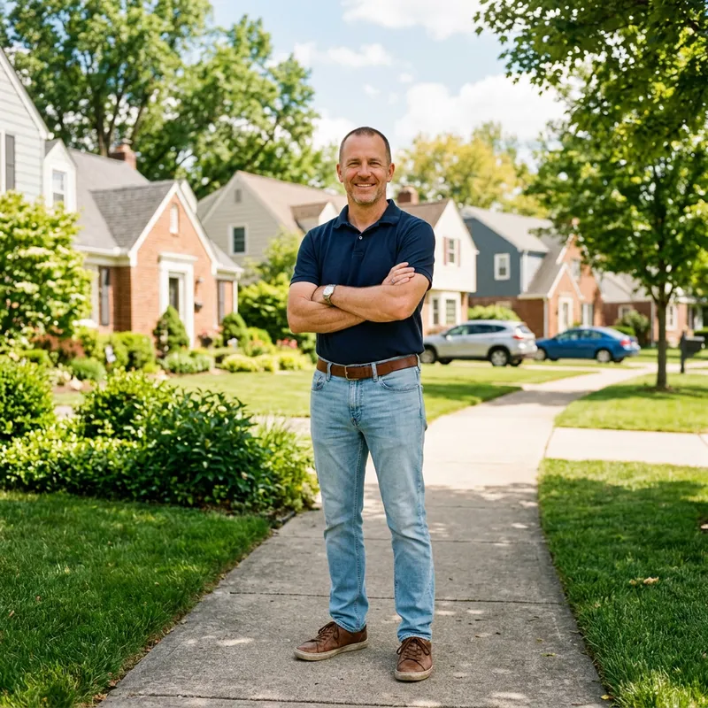 Middle-Aged Man Enjoying Sunny Suburban Surroundings