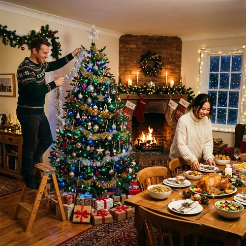 Traditional New Year's Celebration with Christmas Tree and Festive Decorations