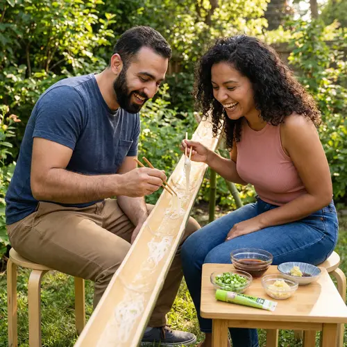 Nagashi Somen Experience: Middle Eastern Man & Hispanic Woman Enjoy Japanese Summer Noodles
