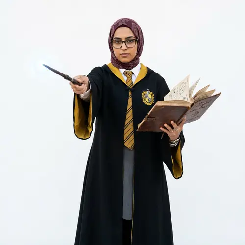 Brave Middle-Eastern Female Wizard in Hogwarts Robes