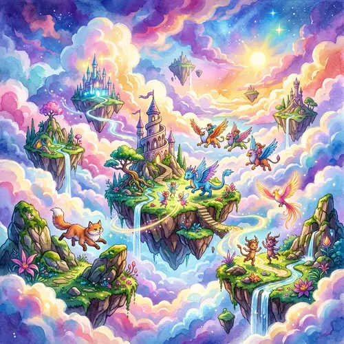 Fantastical Landscape of Floating Islands and Mythical Creatures