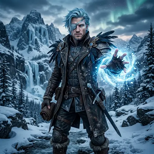 Blue-Haired Character in Leather Jacket with Icy Aura