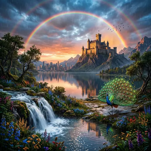 Dramatic Scene at Dusk: Majestic Castle, Vibrant Rainbow, Enchanted Forest