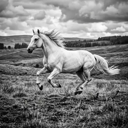 Majestic White Horse Galloping in Black and White