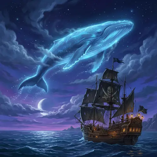 Radiant Blue Whale Soaring Over Pirate Ship