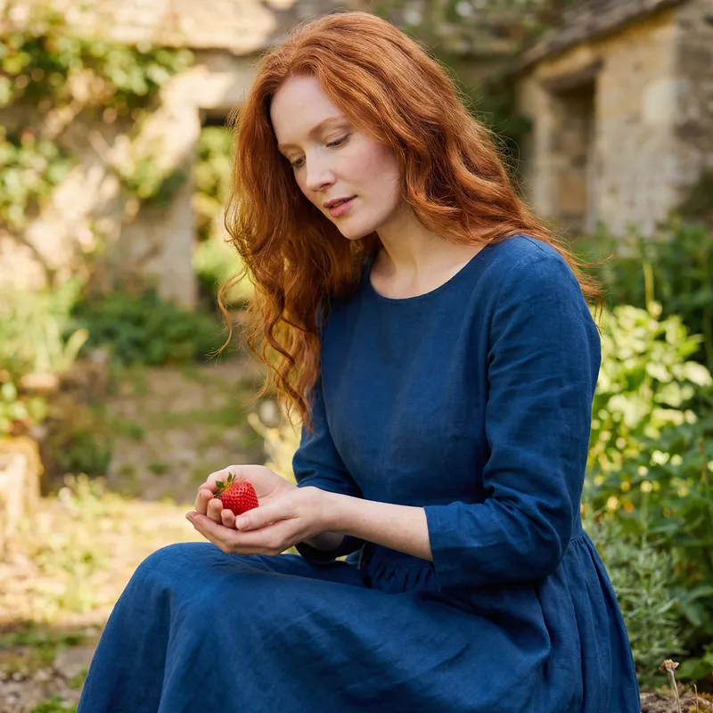 Tranquil Model with Red Hair and Blue Dress Holding Strawberry