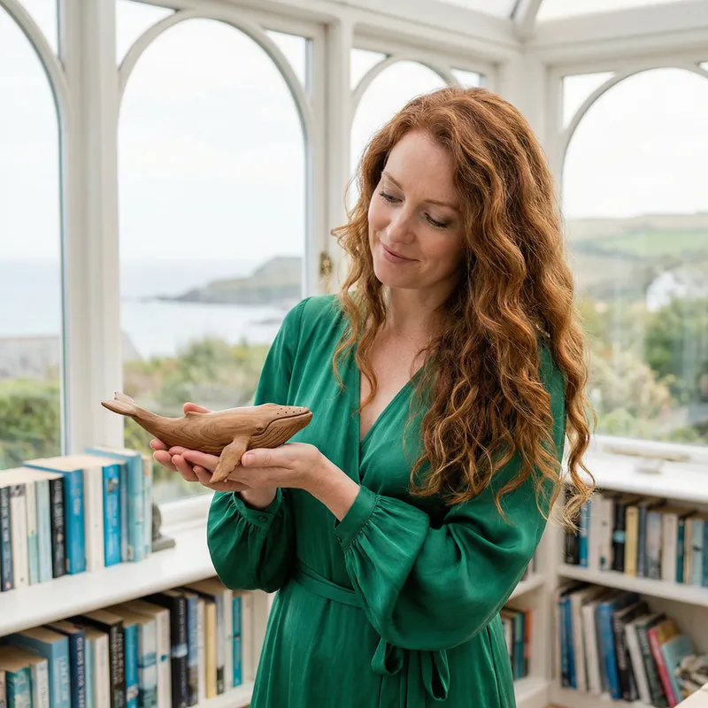 Stunning Red-Haired Model Admiring Miniature Whale Replica Stunning Red-Haired Model Admiring Miniature Whale Replica