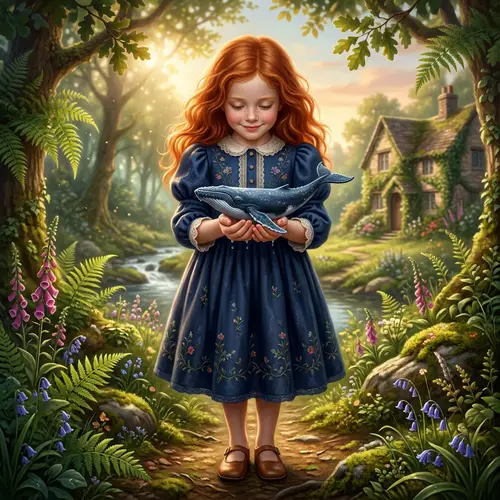 Realistic Model Girl with Red Hair Holding Tiny Whale