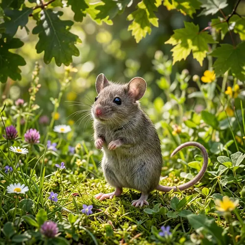 Adorable Grey Mouse on Hind Legs | Green Grass & Wildflowers