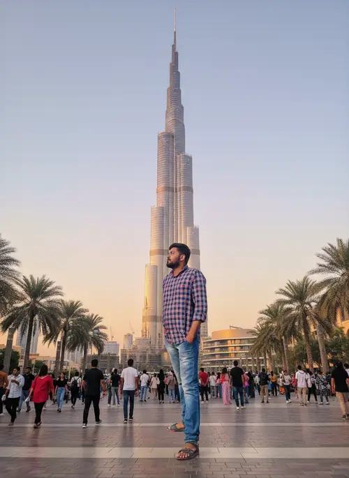Solitary Figure Against Burj Khalifa: A Moment of Awe