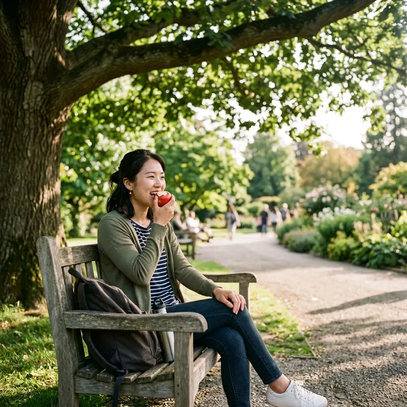 Woman Enjoying Fresh Apple Outdoors