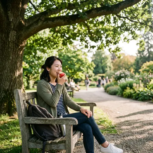 Asian Female Enjoying a Ripe Red Apple in a Tranquil Park Setting