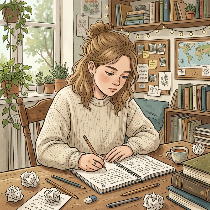 Detailed Lofi Style Illustration of a Thoughtful Girl Writing in a Calm Room