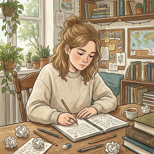 Captivating Close-Up Illustration of a Girl Writing a Book in a Calm Room