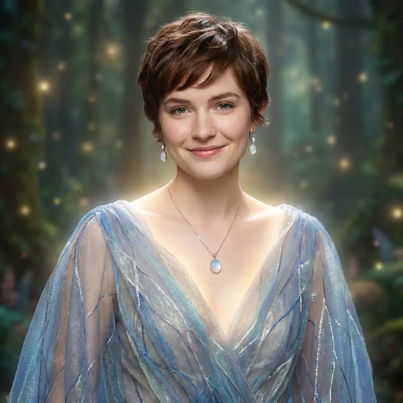 Short Chestnut Haircut, Necklace, Earrings, Beautiful Shiny Airy Transparent Fairy Dress in Blue Silver Short Chestnut Haircut, Necklace, Earrings, Beautiful Shiny Airy Transparent Fairy Dress in Blue Silver