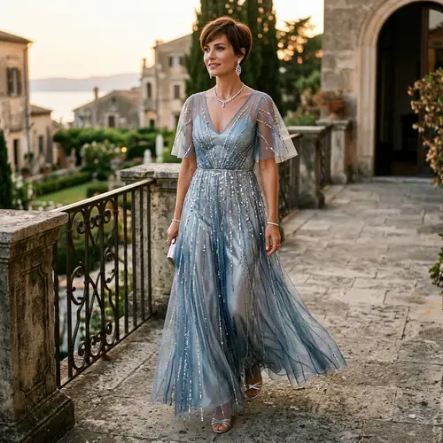 Modern Elegance in Blue and Silver | Chic Haircut and Shimmery Jewelry