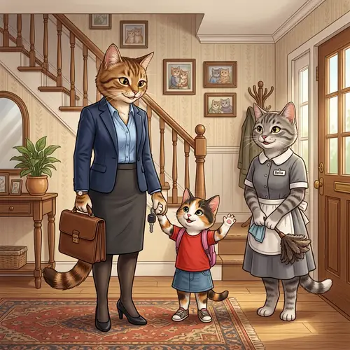 Business Cat Mom and Daughter Ready for Work