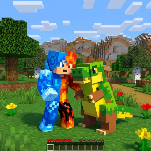 Minecraft-Style Character Friendly Tussle with Block-Like Creature