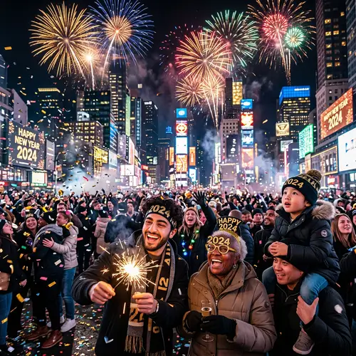 2024 New Year's Eve Celebration | Vibrant Fireworks & Diverse Crowd