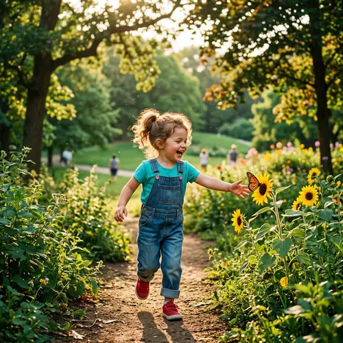 Joyful Child Playing in Lush Park | Sunflower Encounter