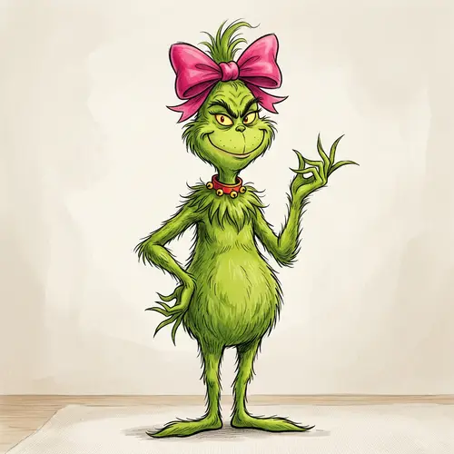 Famous Grinch Cartoon Illustration with Pink Bow