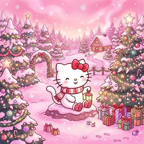 Christmas Cat in Pink Winter Wonderland | Cartoon Illustration