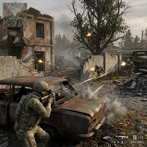 Intense Battle Royale Video Game Scene with Lone Player vs. Four Opponents