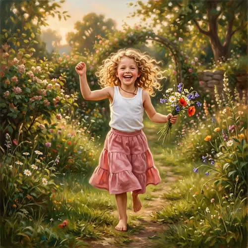 Renaissance Style Portrait of Joyful Caucasian Girl Outdoors